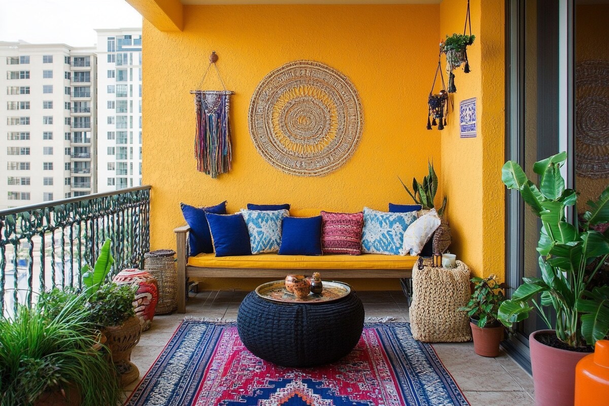 Bohemian Balcony Design with Vibrant Yellow Wall